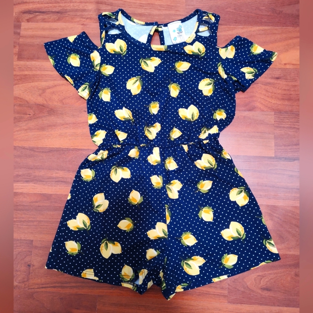 Lily Bleu Adorable Navy & Lemon Print Romper Girls Size 8